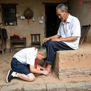 农村少年跪拜老爷爷